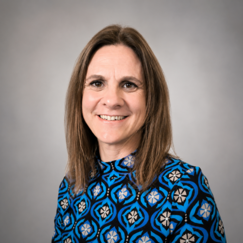 Head-and-shoulders portrait of a smiling woman with brown hair, wearing a blue geometric-patterned blouse against a gray studio background.